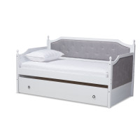 Baxton Studio MG0014-Grey/White-Daybed Mara Classic and Traditional Grey Fabric Upholstered White Finished Wood Twin Size Daybed with Trundle